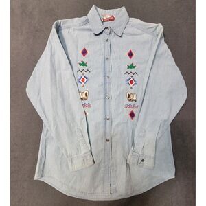 VTG Bechamel Denim Western Shirt Light Wash Embroidered Cactus Wagon Mens M